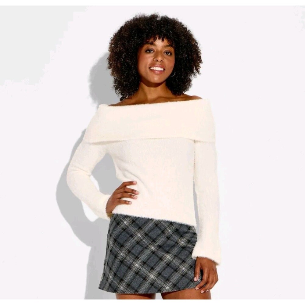 Women's Wild Fable Fuzzy Off the Shoulder Pullover Sweater Off White Medium